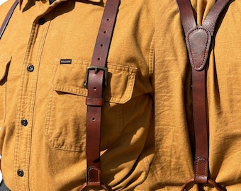 Brown Leather Button Suspenders, Western Cowboy Work Braces, Rustic Wedding Groomsmen Accessory
