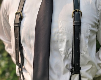 Men's Black Leather Button Suspenders - Wedding Men Suspenders - Groomsmen Gift - Vintage Suspenders - Farm Suspenders - Amish Suspenders