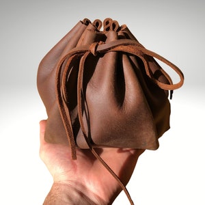 Leather Round Drawstring Pouch - Small Tech, Makeup, Jewelry Holder, MicroSuede Lining - Camel - Personalized Gifts, Leatherology
