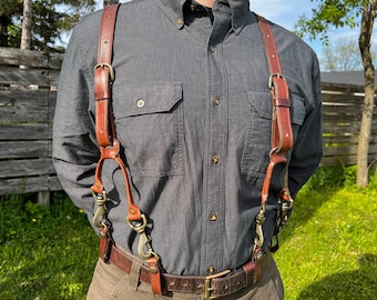 Men's Whiskey Leather Work Suspenders: Adjustable Snap, Heavy Duty