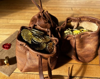 Handmade Brown Leather Drawstring Pouch: Coin, Crystal, Dice Bag