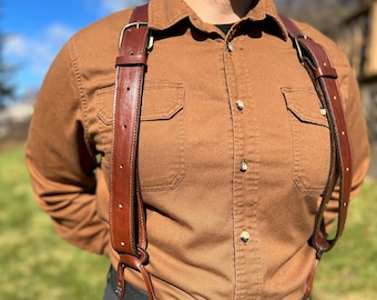 Handmade Leather Button Suspenders: Whiskey Cognac Brown, Rustic Groomsmen Wedding Suspenders