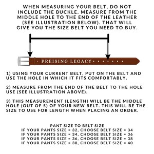 May include: A brown leather belt with a silver buckle, labeled "PREISING LEGACY." The image includes instructions on how to measure for the correct belt size, with a chart correlating pant size to belt size.