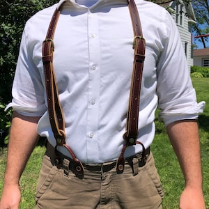Brown Leather Suspenders: Heavy Duty Y Back, Interchangeable Snap & Button