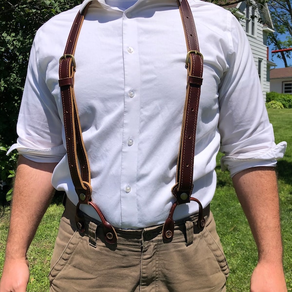 Brown Premium Interchangeable Leather Snap & Button Suspenders - Men's Brown Y Back - Working Man's Belt - Heavy Duty Leather - Men Wedding