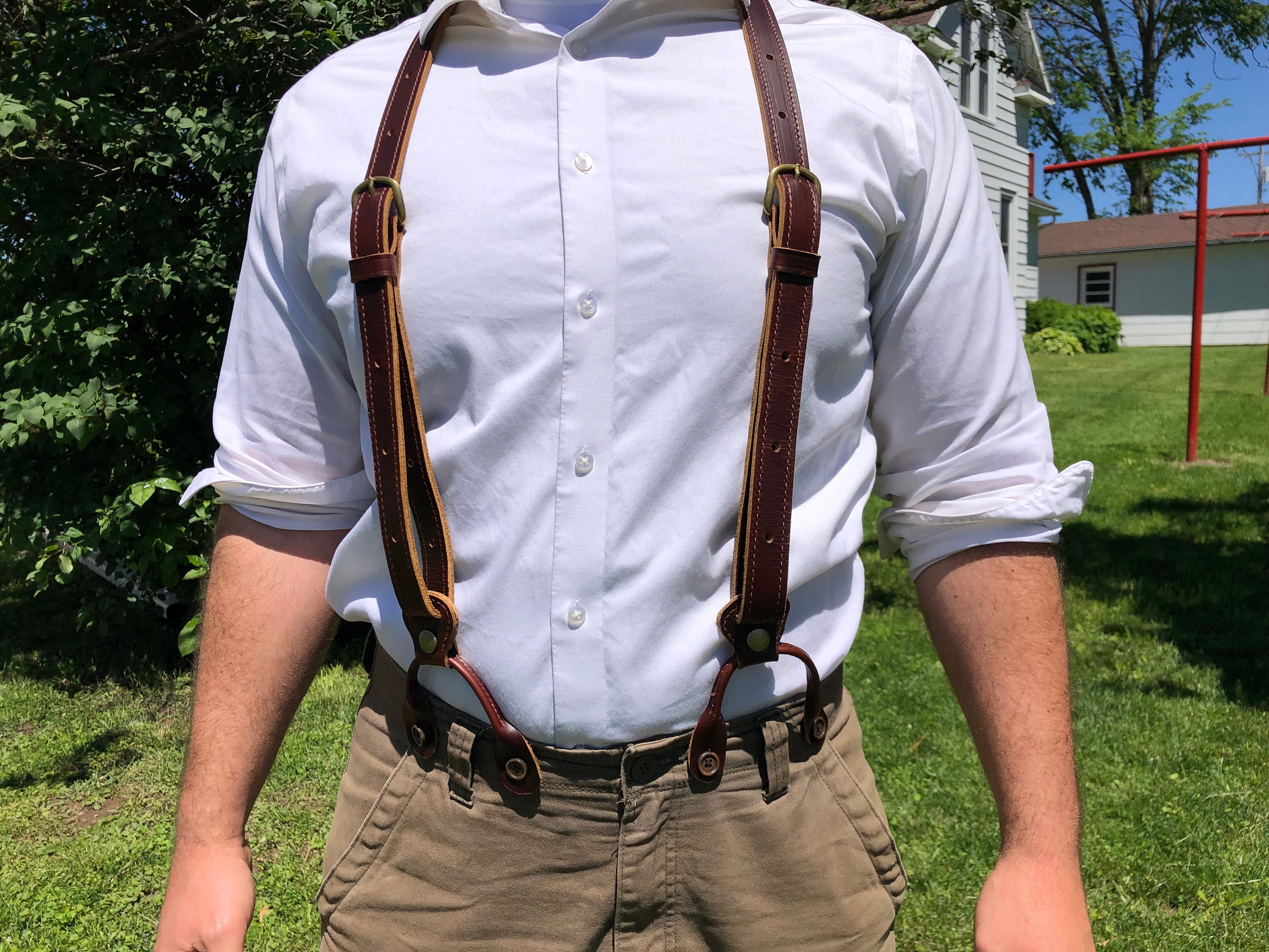 chinese dress ladies Hide & Drink Mens Leather Suspenders w/hooks, Mens western suspenders,  Jeans, Dress pants, Wedding party, Groomsmen, Work suspenders for men,  Heavy duty, Brown leather suspenders at Amazon Men's Clothing store main image 1