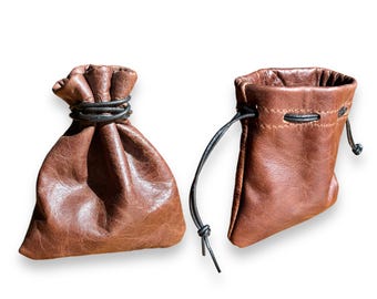 Handmade Brown Leather Drawstring Pouch: Coin, Crystal, Dice Bag