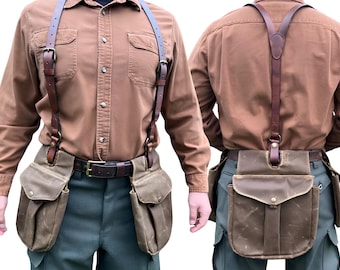 Handmade Waxed Canvas Hunting Bag Set: Leather Suspenders & Belt