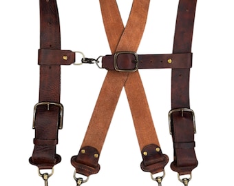 Dark Brown Leather Suspenders: Adjustable Work, Wedding, Chest Strap (1-2 Inch Wide)