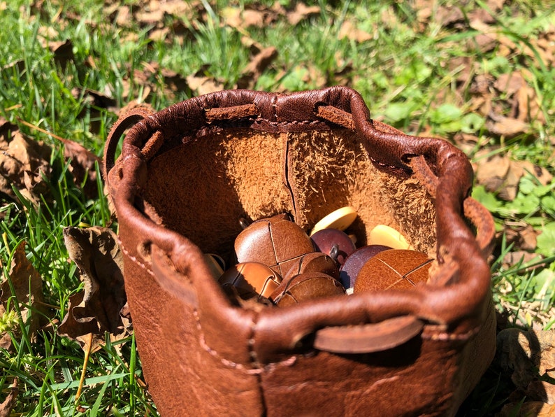 May include: A brown leather pouch with a drawstring closure, filled with wooden dice. The pouch is sitting on a bed of green grass and brown leaves.