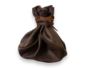 Handmade Dark Brown Leather Drawstring Pouch: Coin, Dice, Crystal Bag