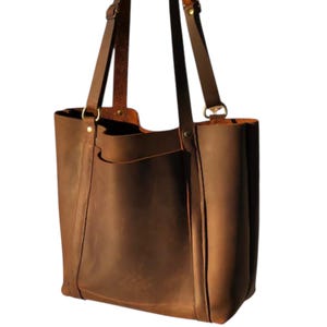 Handmade Brown Leather Tote Bag: Adjustable Straps, Everyday Purse