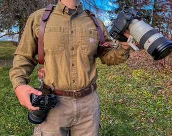 Handmade Leather Dual Camera Harness: Adjustable Multi-Camera Strap