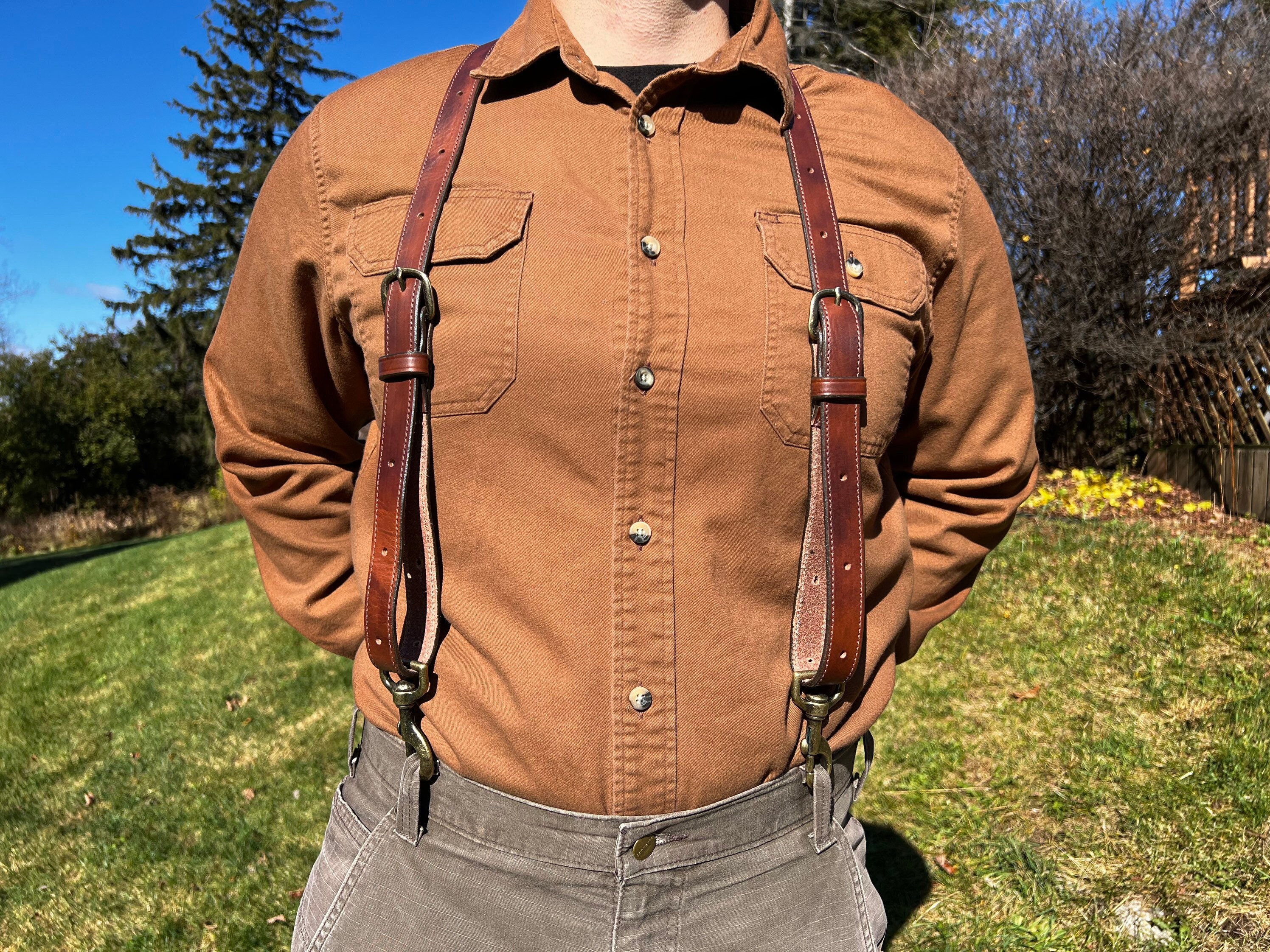 Men's Dark Brown Leather Work Suspenders / Wedding Suspenders