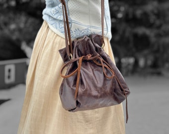 Handmade Brown Leather Pouch: Adjustable Strap Drawstring Bag