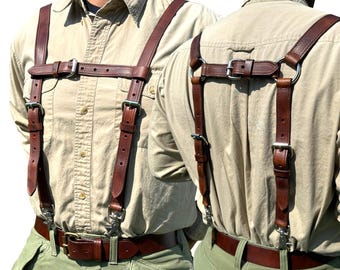Handmade Dark Brown Leather Suspenders for Men, 1 Inch Fully Stitched Braces, Stainless Steel Hardware, Detachable Straps