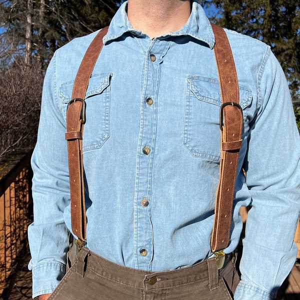 1.5” Wide Soft Brown Leather X Suspenders | Durable Suspenders | Work Suspenders | Outdoor Suspenders | Hunting Suspenders | Men Suspenders