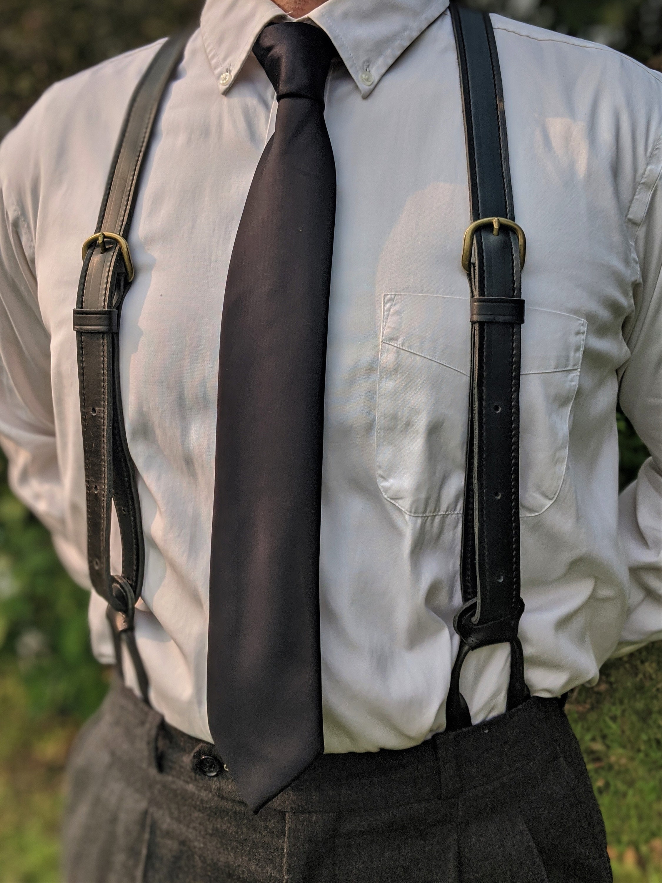 PreisingLegacy Men's Black Leather Button Suspenders - Wedding Men Suspenders - Groomsmen Gift - Vintage Suspenders - Farm Suspenders - Amish Suspenders