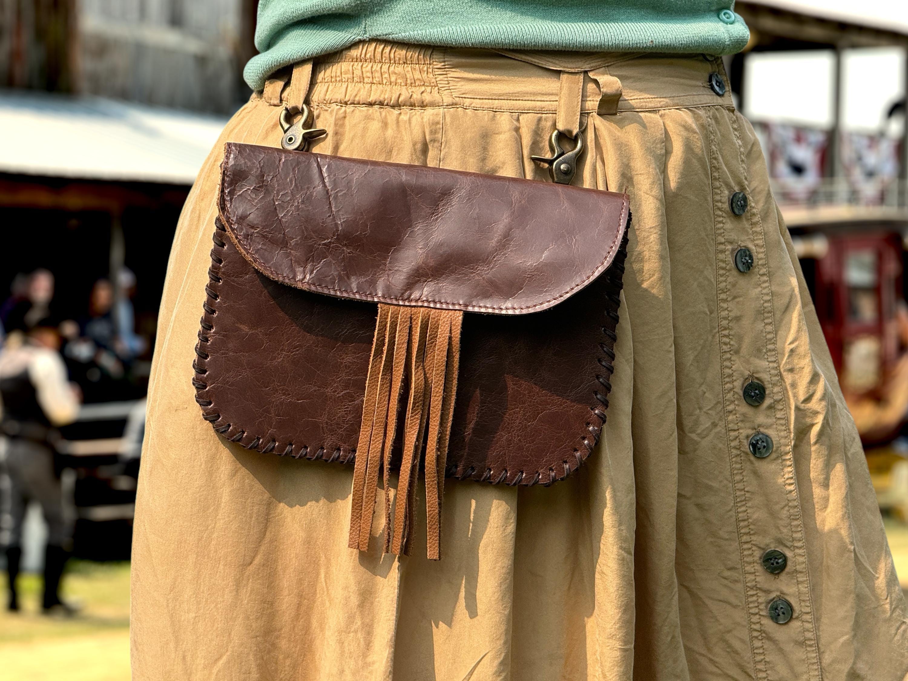 Women’s Brown Leather Hip Clip Bag | Western Fanny Pack with Fringe | Phone Holster, Leather Saddle Bag, and Cowboy Festival Waist Bag
