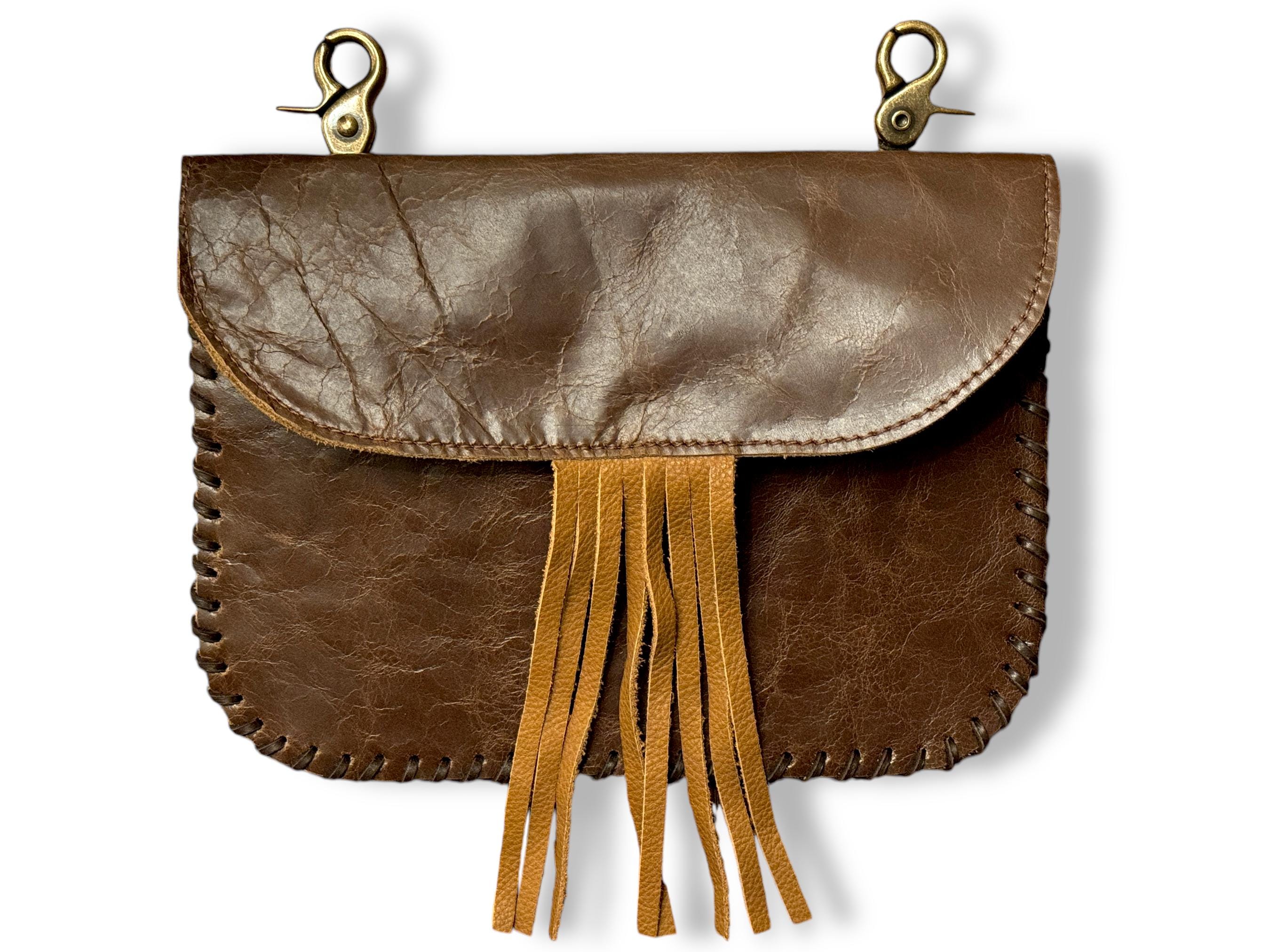 Women’s Brown Leather Hip Clip Bag | Western Fanny Pack with Fringe | Phone Holster, Leather Saddle Bag, and Cowboy Festival Waist Bag