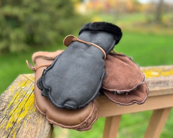 Genuine Sheepskin Mittens - Handmade, Soft and Warm Wool Black Color, Men's Mittens, Winter Gloves, Gloves Men, Winter Mittens, Gift for Him