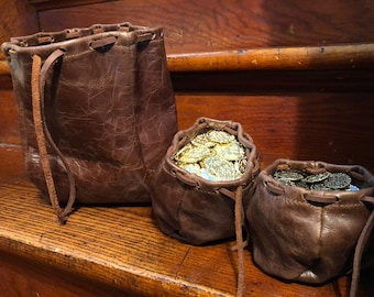 Brown Leather Pouches, Coin Pouch, Leather Drawstring Bag, DND Dice Pouch, Jewelry Bag, Crystal pouch, LARP, Essential Oils and reenactment