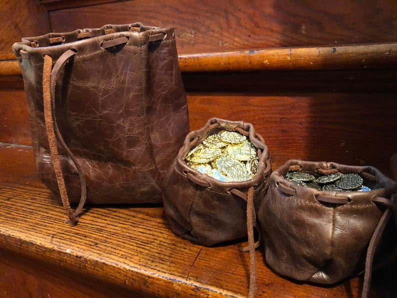 Brown Leather Pouches, Coin Pouch, Leather Drawstring Bag, DND Dice Pouch, Jewelry Bag, Crystal pouch, LARP, Essential Oils and reenactment image 1