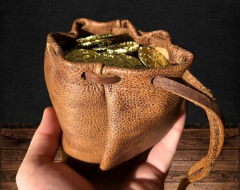Brown Leather Drawstring Pouch: Handmade Coin, Crystal, & Dice Bag
