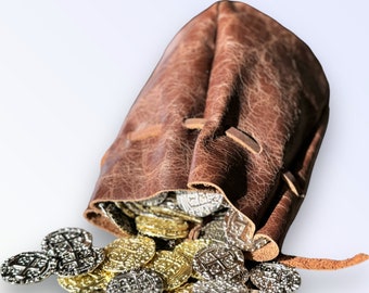 Handmade Brown Leather Drawstring Pouch: Coin, Dice, Jewelry Bag