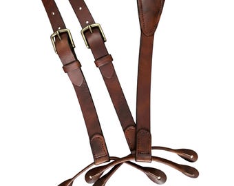 Handmade Brown Leather Button Suspenders for Men – Western Cowboy Suspenders – Made in USA