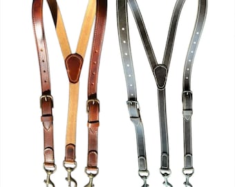 Handmade Brown Leather Suspenders: Solid Antique Brass Swivel Snap, Western Cowboy Style