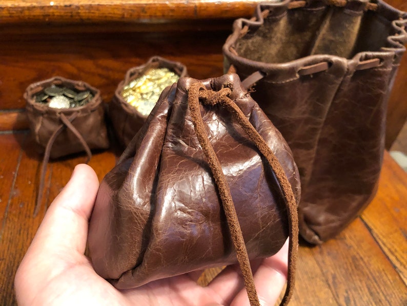 Brown Leather Pouches, Coin Pouch, Leather Drawstring Bag, DND Dice Pouch, Jewelry Bag, Crystal pouch, LARP, Essential Oils and reenactment image 6