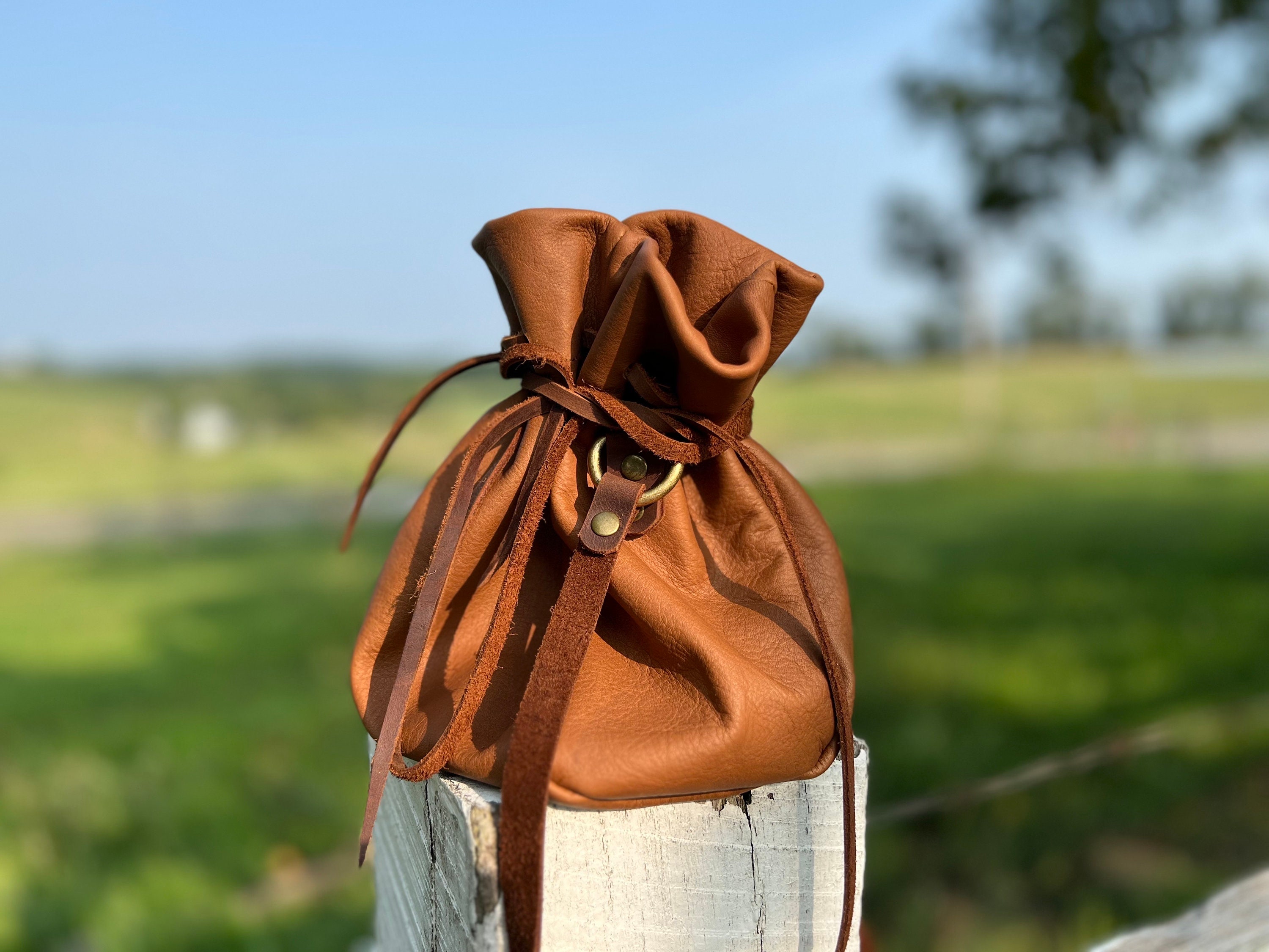 Brown Leather Pouches With Adjustable Strap, Drawstring Bag