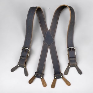 Handmade Brown Leather Button Suspenders: Durable Workwear, X Shape