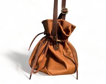 Handmade Brown Leather Drawstring Pouch: Adjustable Strap, Dice, Jewelry, Crystals
