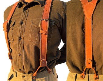 Handmade Brown Leather Suspenders: Heavy Duty Work & Wedding - Snap or Button