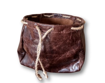 Handmade Brown Leather Drawstring Pouch: Coin, Crystal, Dice Bag