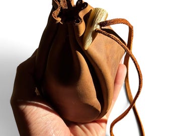 Genuine Brown Leather Drawstring Pouch with Deer Antler Toggle, Medieval Coin Purse