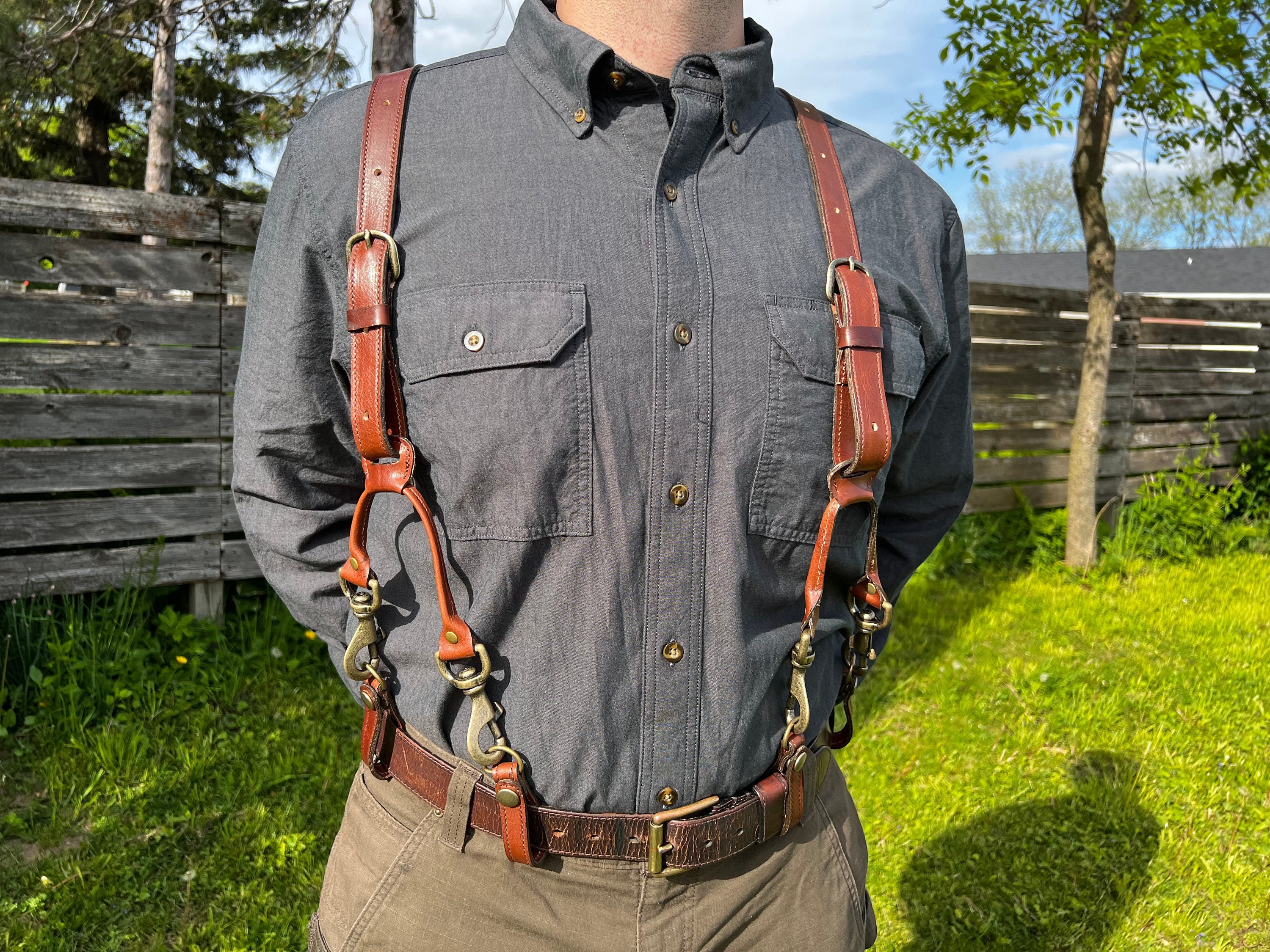 Men's Whiskey Leather Work Suspenders / Wedding Suspenders / Top