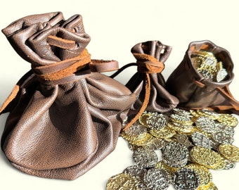 Handmade Leather Drawstring Pouch: Reenactment Coin, Dice, Jewelry Bag