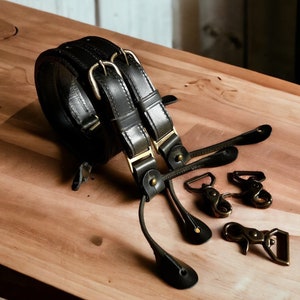 Bretelles en cuir noir faites main : boutons-pression interchangeables en laiton antique
