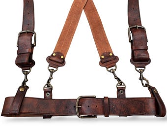Handmade Dark Brown Leather Suspenders: 2-Inch Wide Work Belt