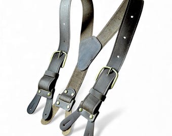 Handmade Dark Brown Leather Button Suspenders: 1.5 Inch Wide Vintage Work Suspenders