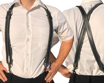 Black Leather Suspenders: Handmade X Shape, Solid Antique Silver Snaps