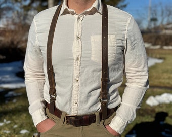 Men’s Brown, Light Brown and Black Leather Suspenders / Wedding Suspenders / Handmade Top Grain Leather Suspenders / Adjustable Suspenders