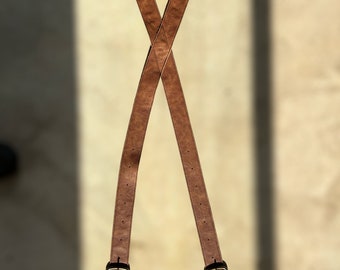 2” Wide Light Brown X Shape Leather Suspenders | Durable Suspenders | Work Suspenders | Lumberjack Suspenders | Durable Men Suspenders