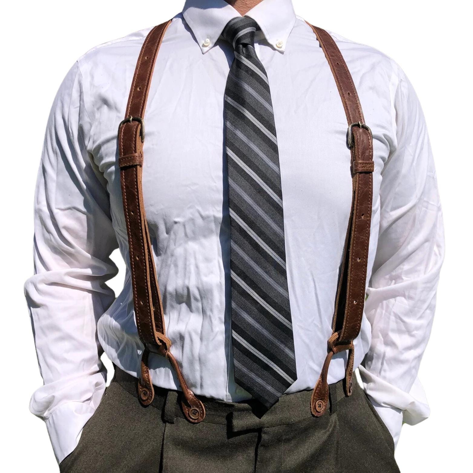 Handmade Brown Leather Suspenders for Weddings | Rustic Groomsmen Gift | Men’s Formal Adjustable Button or Swivel Snap Suspenders