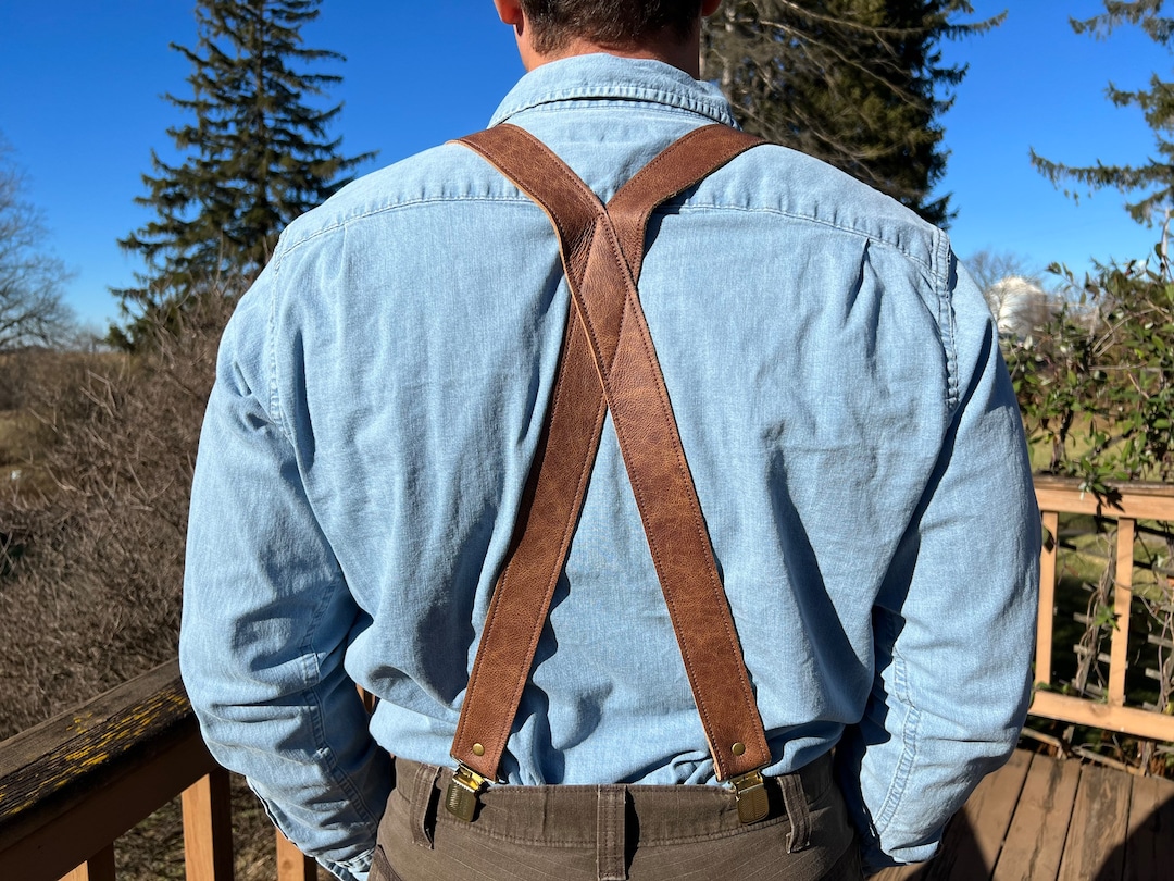 1.5 Wide Soft Brown Leather X Suspenders Durable Suspenders Work