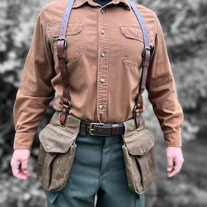 Handmade Waxed Canvas Hunting Bag Set: Leather Suspenders & Belt