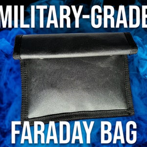 May include: A black military-grade Faraday bag with a zipper closure. The bag is designed to block electromagnetic signals and protect electronic devices from interference.